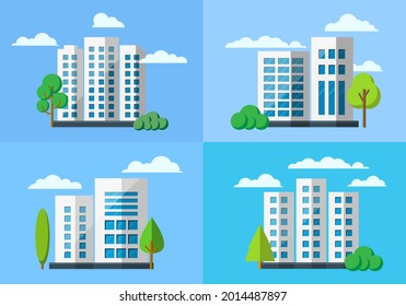 Company building vector, Flat architecture on blue background, Colorful modern construction and tree set, landscape city and town design