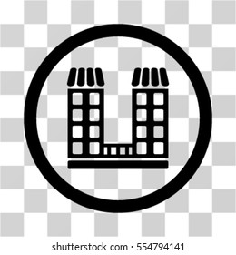 Company Building vector rounded icon. Image style is a flat icon symbol inside a circle, black color, transparent background.