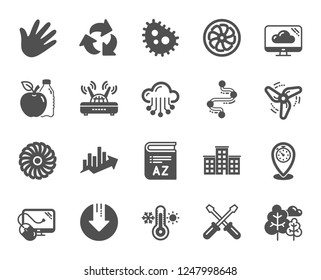 Company building, Vocabulary, Profits timeline icons. Turbine, Wind, Thermostat icons. Tree, Bacteria, Healthy food. Company chart, wind turbine. Cloud services, Timeline, Download. Vector