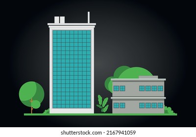 Company Building and Warehouse Building, Vector Illustration on Black Background with Trees and Bushes