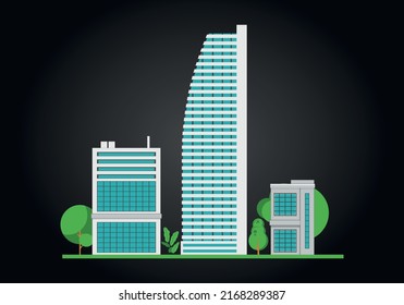 Company Building and Warehouse Building, Vector Illustration on Black Background with Trees and Bushes