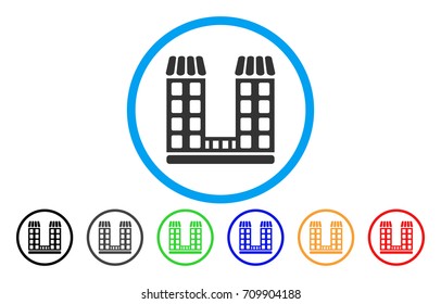 Company Buildings rounded icon. Vector illustration style is a grey flat iconic company buildings symbol inside a circle. Additional color variants are black, grey, green, blue, red, orange.