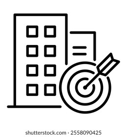 Company with bullseye and arrow round line vector icon with editable stroke, representing business goals, target achievement, precision, focus, and strategic direction