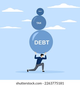 company burden concept, Businessman carrying many big stones with word debt, tax, loan on it, Heavy Burden concept, flat vector illustration