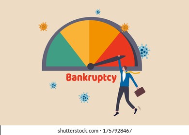 Company business bankruptcy due to Coronavirus economic crisis, COVID-19 pandemic causing debt and financial problem concept, businessman company owner holding max debt alert bankruptcy credit gauge.