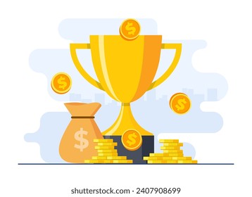 Company business goal achievement concept flat vector illustration template, Trophy with coins, Winner, Money, Award, Victory