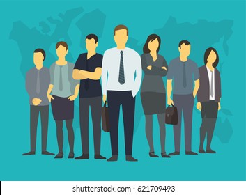 Company business group people of office clerks. With his leader, boss. Training on the stock exchange. On a blue background world map.