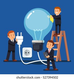 Company business man team doing maintenance and cleaning huge idea light bulb ready to plug in to a wall socket. Flat style vector illustration.