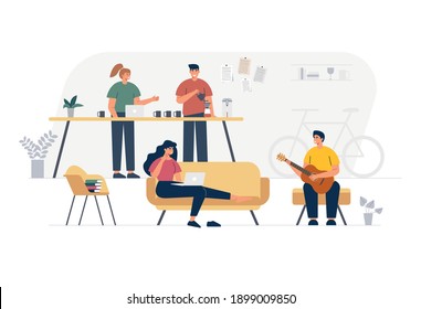 Company business members. music band flat hand drawn illustration.