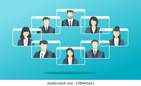 Company Business Online Meetings. Young Man and Woman Wear Suit Video Conference Teleconference Display Screen via Virtual App or Web. Suitable for Remote Work & Webinar Illustration.