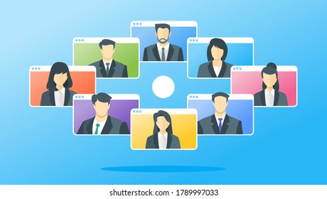 Company Business Online Meetings. Young Man and Woman Wear Suit Video Conference Teleconference Display Screen via Virtual App or Web. Suitable for Remote Work & Webinar Illustration.