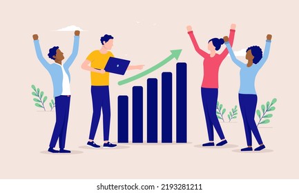 Company business success and growth - Group of diverse casual working people cheering and celebrating rising graph. Flat design vector illustration