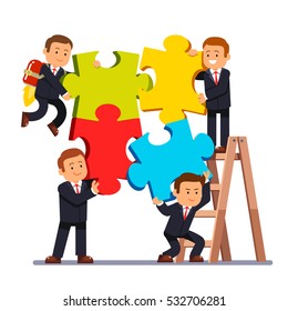 Company business team joining huge jigsaw puzzle pieces together. Group of businessman working on a project and helping each other. White background isolated flat style vector illustration.