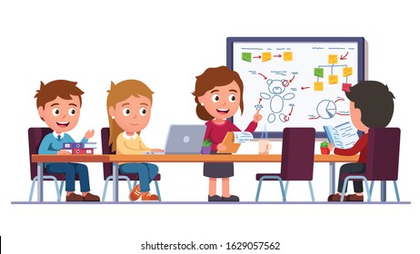 Company business team planner. Management class coach teaching planning presenting flowchart plan white board at big conference desk. Strategy meeting presentation. Flat vector character illustration