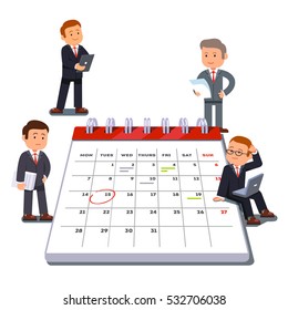 Company Business Team Planning And Scheduling Operations Agenda On A Big Spring Calendar. Flat Style Vector Illustration Isolated On White Background.