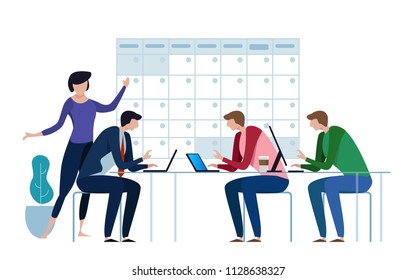 Company business team working together planning and scheduling their operations agenda on a big calendar. Flat style illustration. deadline project concept.