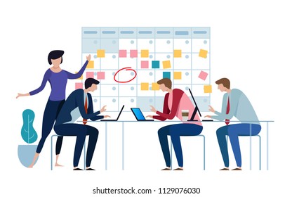 Company Business Team Working Together Planning And Scheduling Their Operations Agenda On A Big Spring Desk Calendar. Drawing Circle Mark And Sticky Notes. Flat Style Vector Illustration