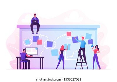 Company Business Team Working Together Planning and Scheduling Their Operations Agenda on Big Spring Desk. Drawing Marks and Stick on Paper Sheets Standing on Ladder. Cartoon Flat Vector Illustration