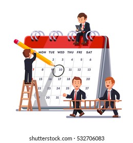 Company business team working together planning and scheduling their operations agenda on a big spring desk calendar. Drawing circle mark with pencil standing on ladder. Flat style vector illustration