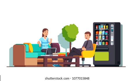 Company business workers having break in corporate cafe or office lobby, drinking coffee, energy drinks from vending machine, sitting at armchair, sofa and chatting. Flat vector isolated illustration