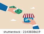 Company buyout, acquisition agreement or takeover, selling company offer or merger, franchise business concept, businessman offer money to buy other hand offer company or shop building.