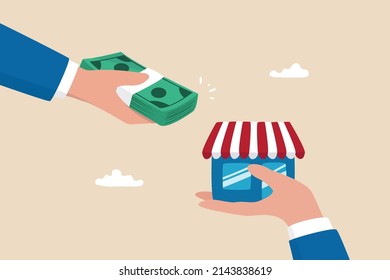 Company buyout, acquisition agreement or takeover, selling company offer or merger, franchise business concept, businessman offer money to buy other hand offer company or shop building.