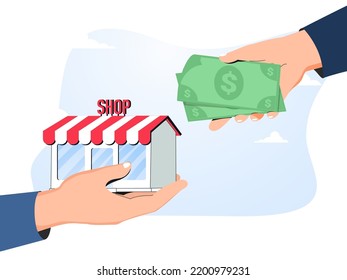 Company Buyout, Acquisition Agreement Or Takeover, Selling Company Offer Or Merger, Franchise Business Concept, Businessman Offer Money To Buy Other Hand Offer Company Or Shop Building. Hand Company