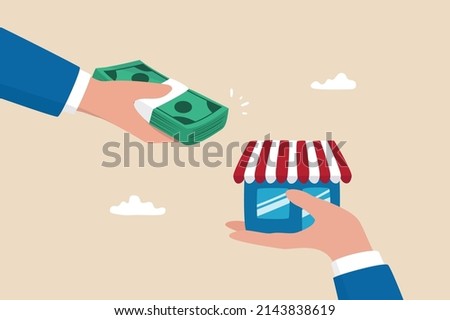 Company buyout, acquisition agreement or takeover, selling company offer or merger, franchise business concept, businessman offer money to buy other hand offer company or shop building.