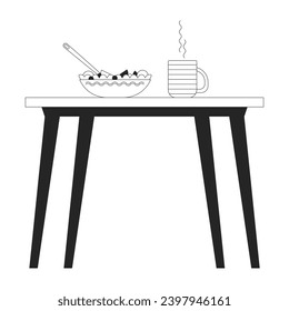 Company cafeteria table black and white 2D line cartoon object. Salad bowl, steamed cup. School lunch isolated vector outline item. Desk lunchtime eating healthy monochromatic flat spot illustration