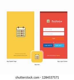 Company Calendar Splash Screen and Login Page design with Logo template. Mobile Online Business Template