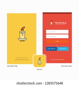 Company Candle Splash Screen and Login Page design with Logo template. Mobile Online Business Template