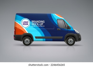 Company Car mockup with branding design. Corporate Van mockup. Abstract blue graphics corporate identity for company car. Vehicle branding graphics. Delivery Van editable vector template