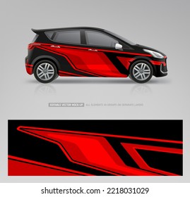 Company Car mockup with wrap branding design. Wrap, sticker and decal design for company. Abstract red and black stripes graphics on corporate vehicle. Racing livery design. Branding on transport