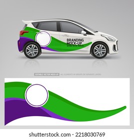 Company Car mockup and wrap decal for branding design and corporate identity company. Abstract blue graphics for wrap sticker design. Branding vehice and racing car graphics