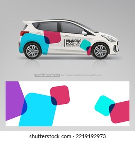 Company Car mockup and wrap decal for branding design and corporate identity company. Abstract blue graphics for wrap sticker design. Branding vehice and racing car graphics