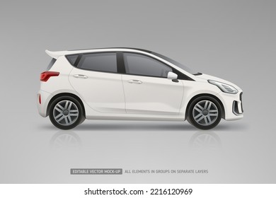 Company Car realistic vector Mockup template.. Side view corporate vehicle for Branding and Corporate identity design. White hatchback car isolated on grey background