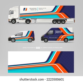 Company Car, Van, truck trailer mockup with abstract stripes design for branding and corporate identity. Abstract graphics for business flyer background. Racing decal livery. Branding vehicle
