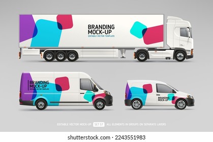 Company Car, Van, truck trailer mockup with abstract stripes design for branding and corporate identity. Abstract graphics for business flyer background. Racing decal livery. Branding vehicle 