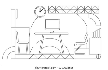 Company CEO personal office outline vector illustration. Modern coworking space interior design contour composition on white background. Furnished meeting room simple style drawing