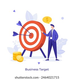 Company CEO presenting corporate goals. Business target concept flat vector illustration. Businessman planning to gain profit of commercial activity cartoon character colour composition