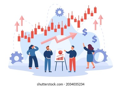 Company characters analyzing business performance or progress. Stock market growth candlestick chart, forex trading flat vector illustration. Economy, finances, promotion concept for website design