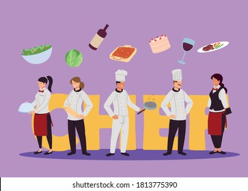 company of chefs and waiters vector illustration design