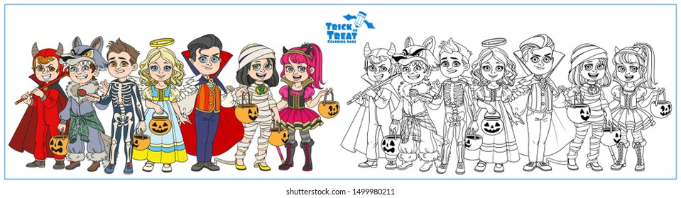 Company of children dressed in costumes of monsters and magic creatures for Halloween trick or treat color and outlined for coloring page