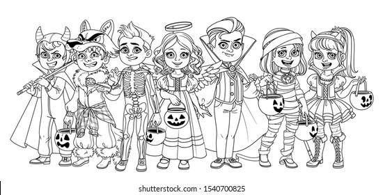 Company of children dressed in costumes of monsters and magic creatures for Halloween trick or treat outlined for coloring page