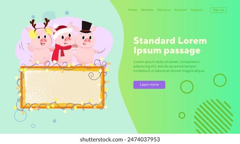 Company of Christmas pigs dancing on signboard with copy space. Christmas party concept. Vector illustration can be used for banner design, festive poster, landing page