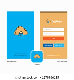 Company Cloud protected Splash Screen and Login Page design with Logo template. Mobile Online Business Template