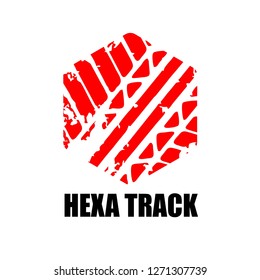 Company or community vector logo with hexagon tire track sign isolated in white background with black sample logo text