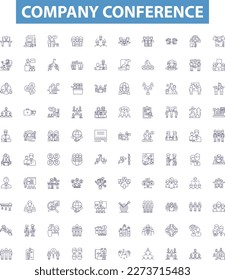 Company conference line icons, signs set. Convention, Event, Forum, Meeting, Gathering, Seminar, Summit, Symposium, Colloquium outline vector illustrations.