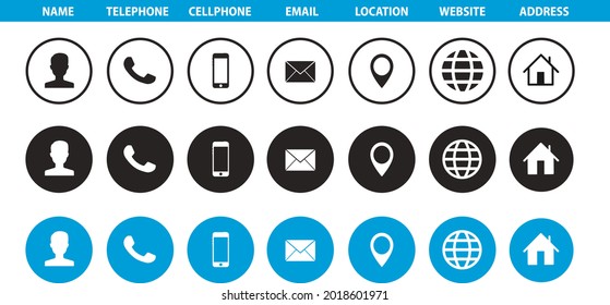 Company Connection business card icon set. Phone, name, website, address, location and mail logo symbol sign pack. Vector illustration image. Isolated on white background. Contact design template
