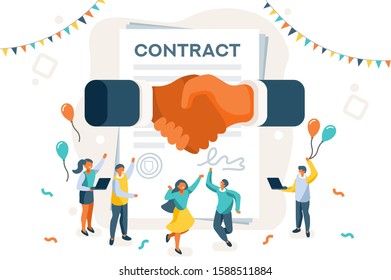 Company contract greeting, successful agreement idea. Friendship to success, friend congratulation. Joy to flying joyful on the air to celebrate an achievement. Young celebration leader. Flat vector.